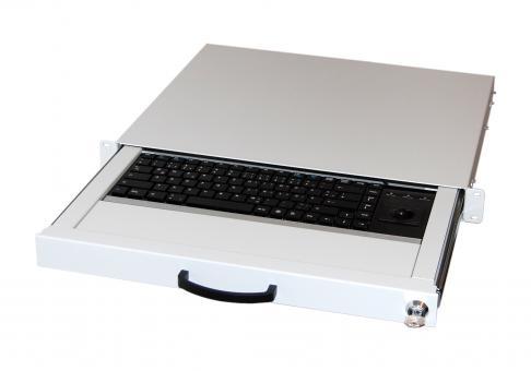 19" 1HE Tastaturschublade inkl. Tastatur DE undTrackball 14 mm mit 2 Tasten, USB + PS/2, RAL7035 