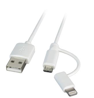 MFI USB2.0 Kabel Typ-A - 2 in 1 Stecker- Micro-B / Lightning, 2,0m, weiß 