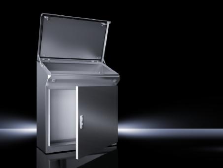 Standpult, Edelstahl 1.4301, 1-türig, BH 600x960 mm, Tiefe unten/oben 400x480 mm 