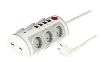 6-fach Steckdosenleiste mit Schalter, Über-spannungsschutz, 2 x USB, 2 x RJ45, 2 x RJ11 